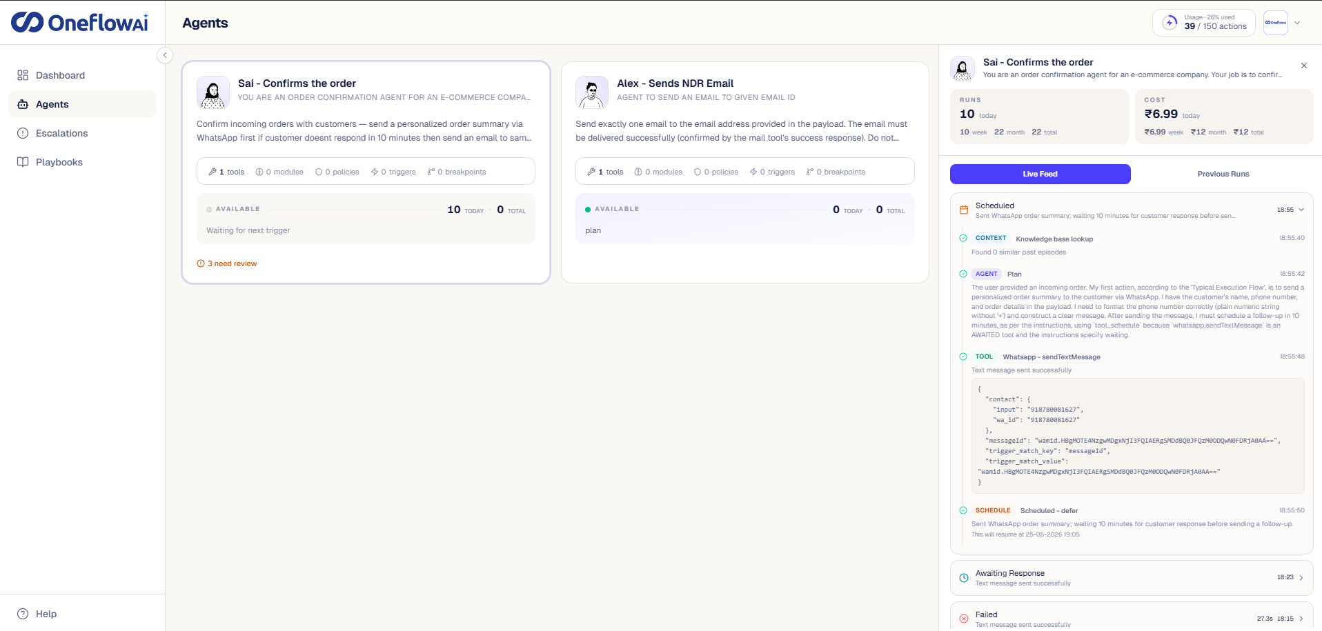 OneflowAI agents dashboard showing post-checkout workflow automation for D2C ecommerce brands